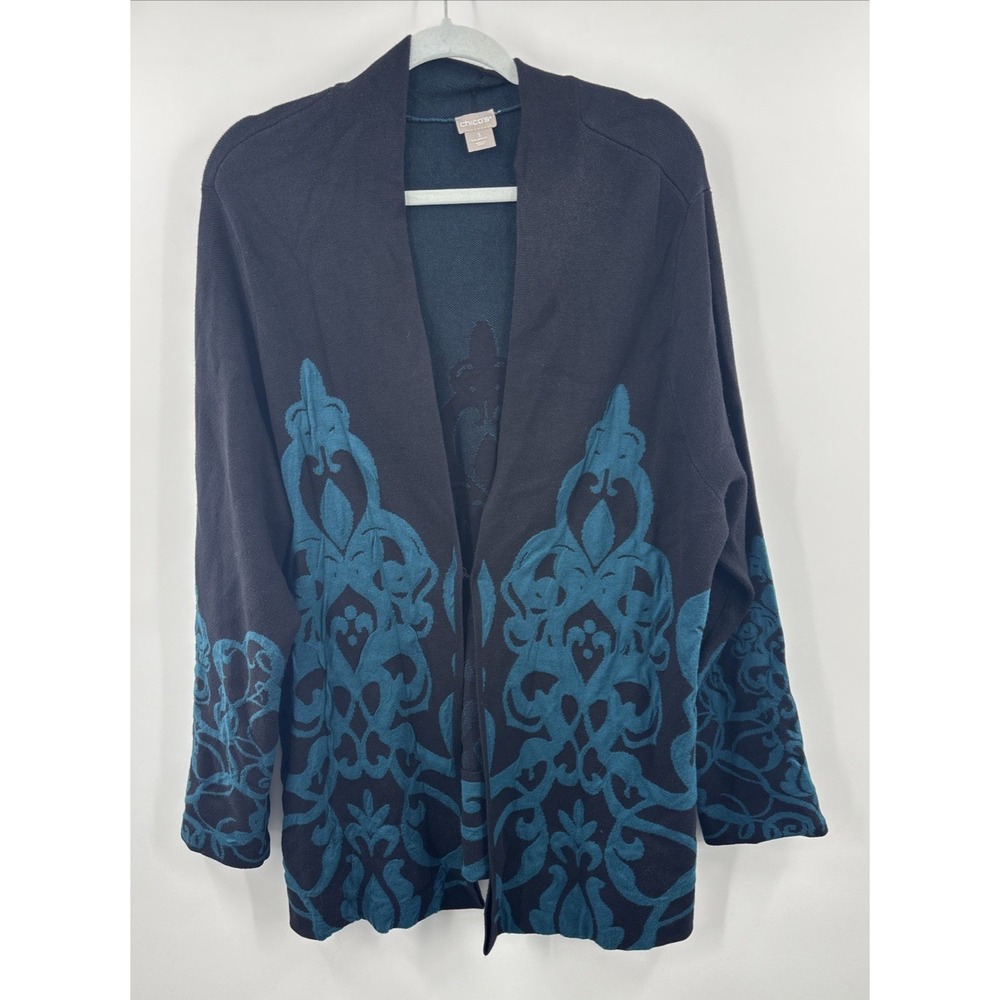 Chico's Black Jacquard Tapestry  Long‎ Sleeve Single Hook V-Neck Cardigan XL